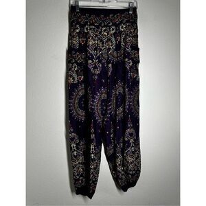 Dylans Women's Rayon Print Smocked Waist Boho Harem Pants Sz S See Description